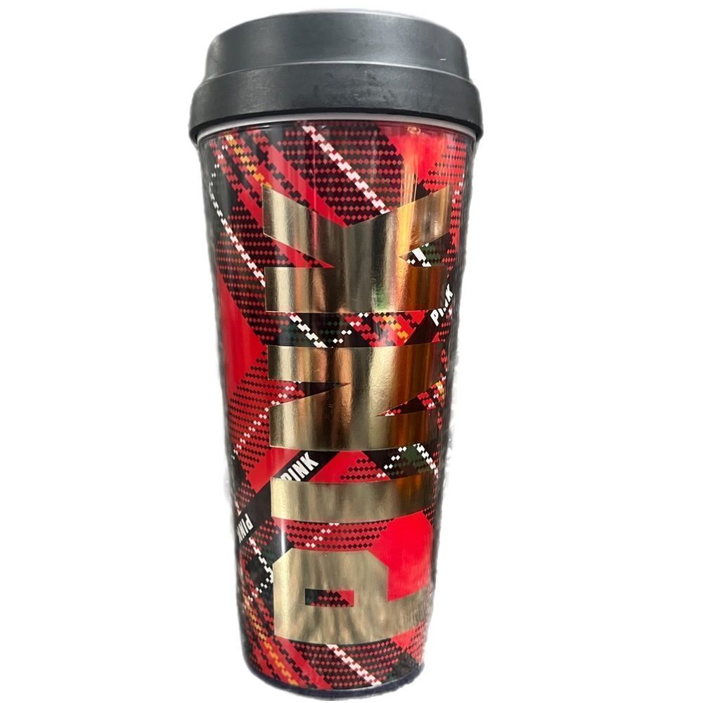 PINK Victorias Secret Holiday Plaid To Go Coffee Mug Tumbler Cup Gold Logo 16 oz